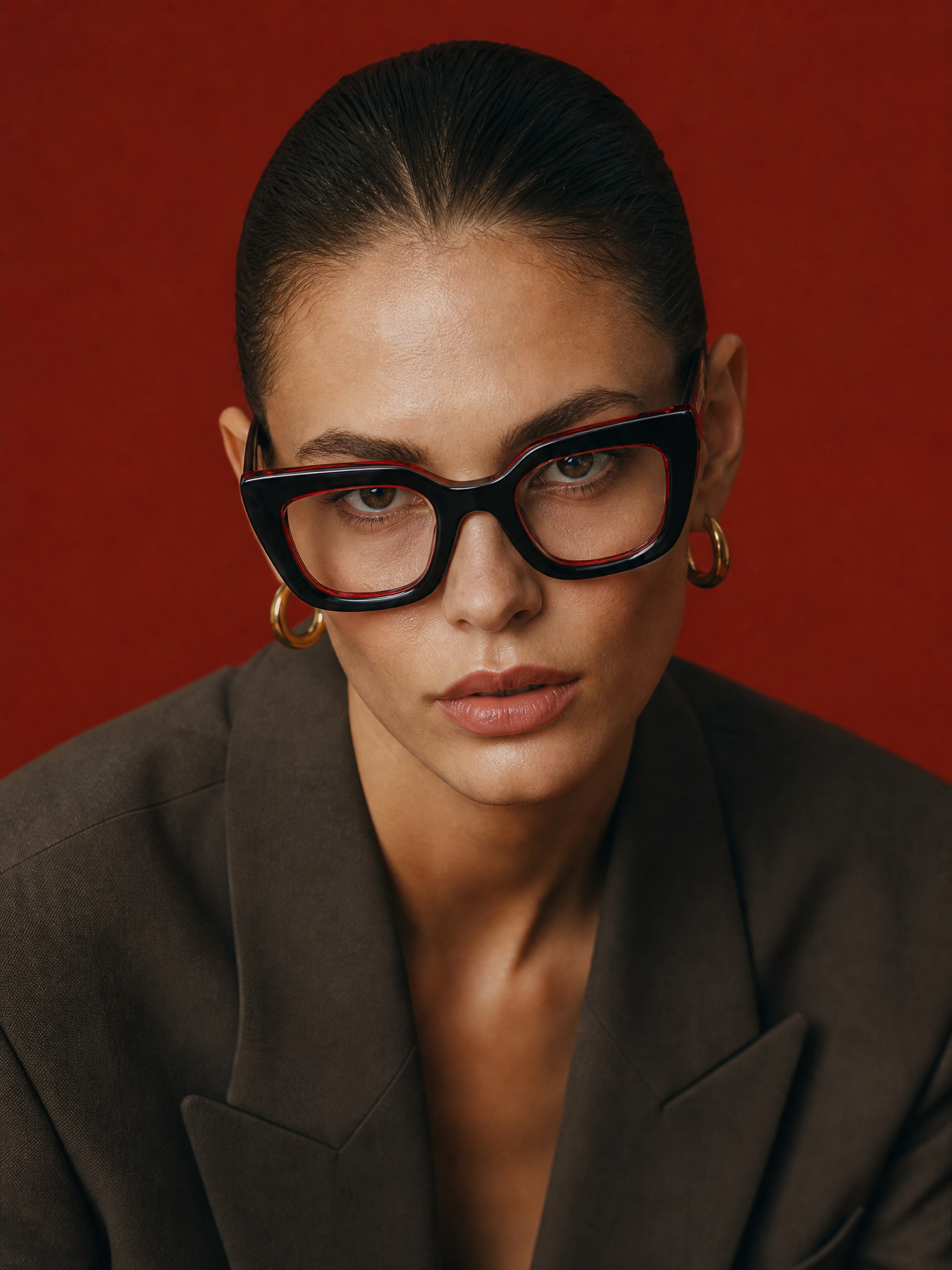 Kobieta w czarnych oprawkach optycznych YouNick Ikona z czerwonym akcentem — portret