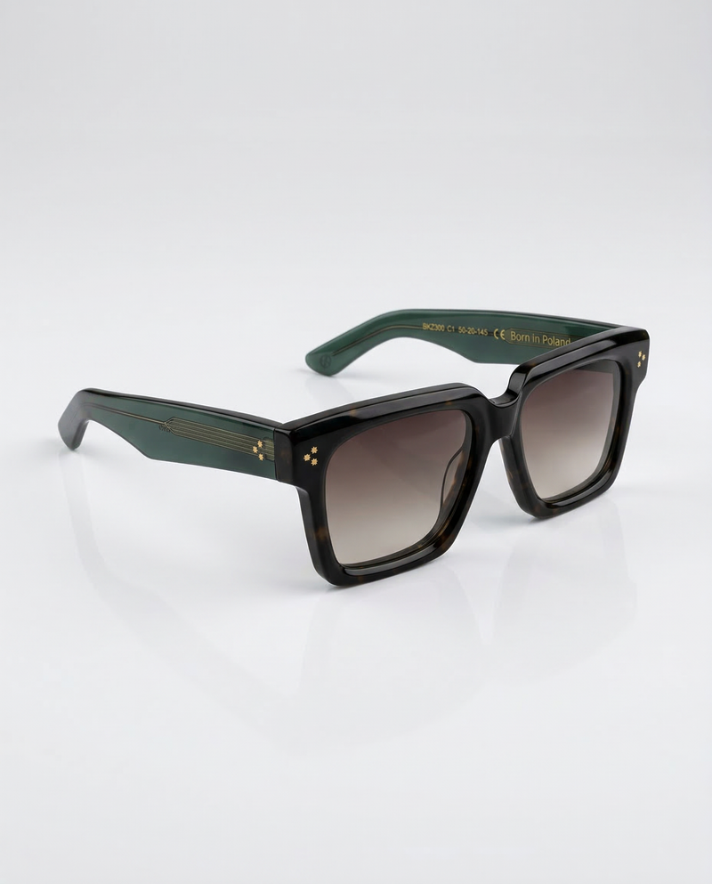 Okulary przeciwsłoneczne YouNick Big Star Fusion, front Havana Brown i zielone zauszniki, limitowana seria